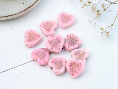 Czech Glass Heart Beads - Pink Sliperit - 14mm - 10pcs - (4296)