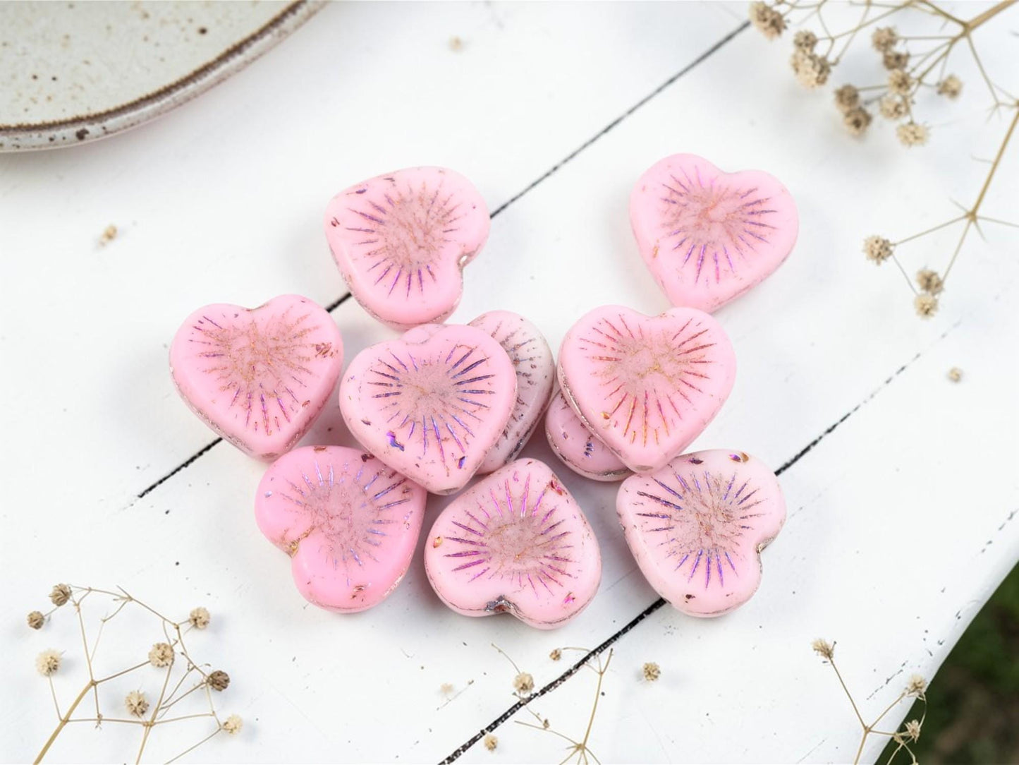 Czech Glass Heart Beads - Pink Sliperit - 14mm - 10pcs - (4296)