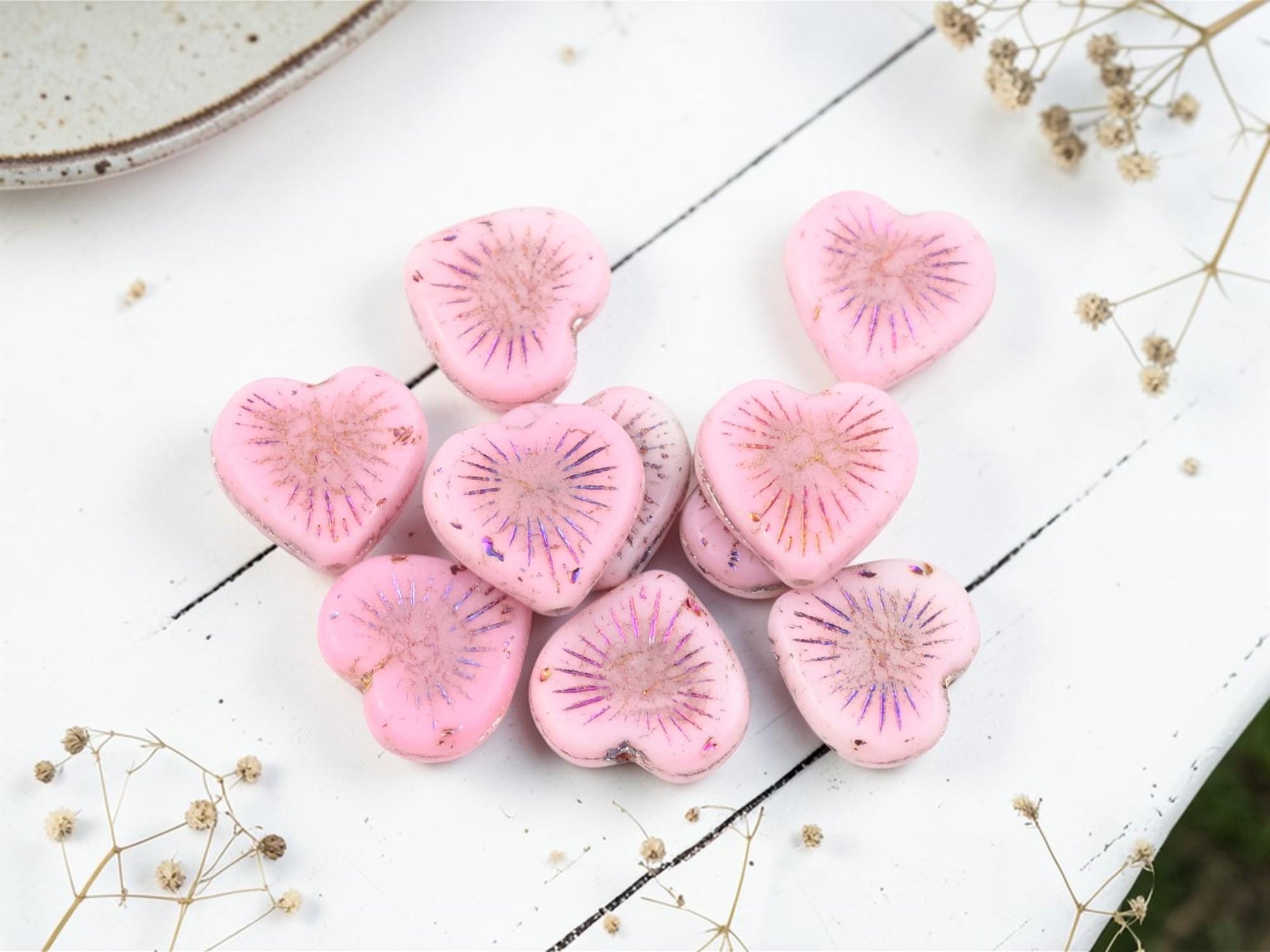 Czech Glass Heart Beads - Pink Sliperit - 14mm - 10pcs - (4296)