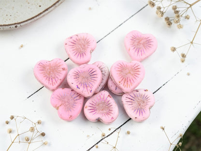 Czech Glass Heart Beads - Pink Sliperit - 14mm - 10pcs - (4296)