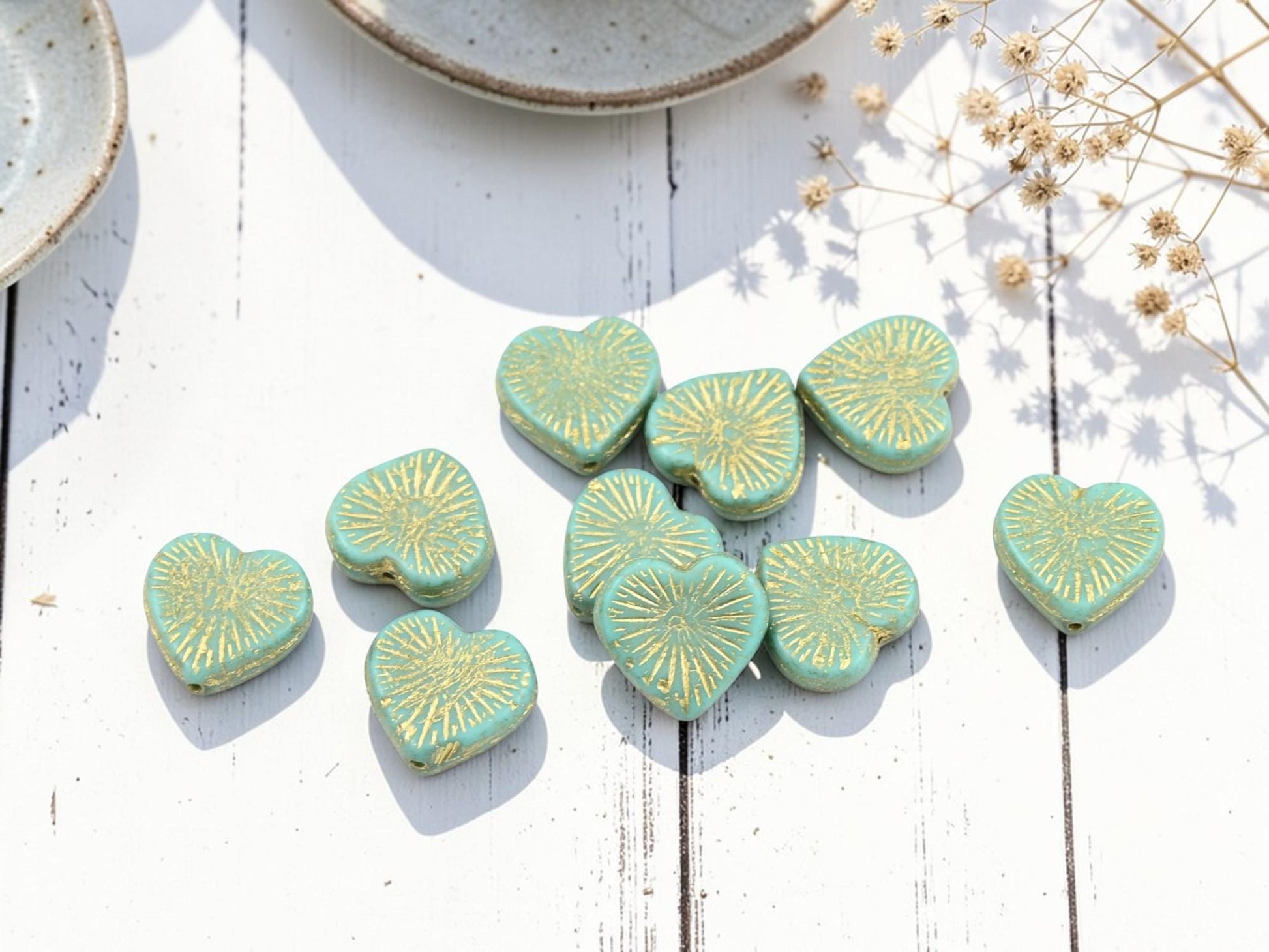 Czech Glass Heart Beads - Gold Washed Turquoise - 14mm - 10pcs - (3137)