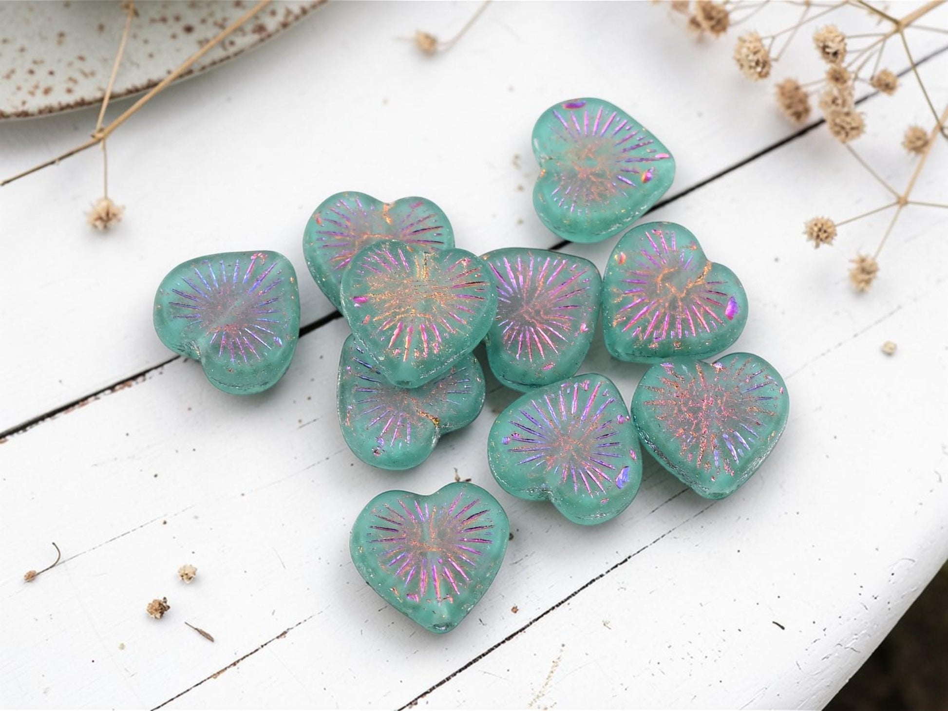 Czech Glass Heart Beads - Metallic Volcano Washed Matte Aqua - 14mm - 10pcs - (5647)