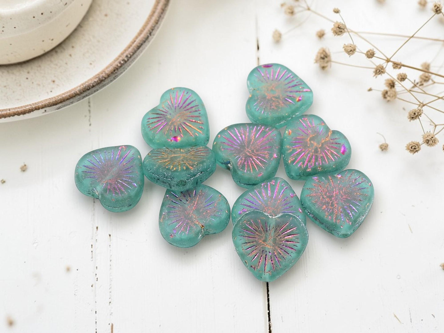 Czech Glass Heart Beads - Metallic Volcano Washed Matte Aqua - 14mm - 10pcs - (5647)