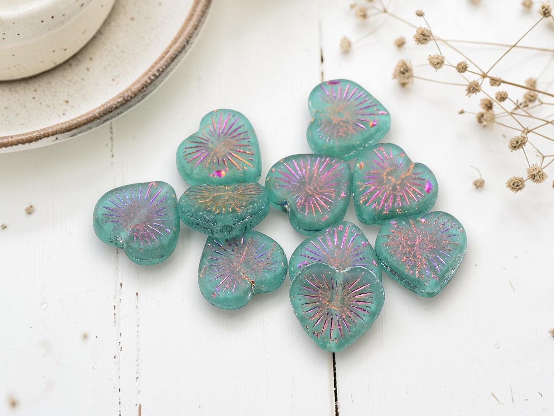 Czech Glass Heart Beads - Metallic Volcano Washed Matte Aqua - 14mm - 10pcs - (5647)
