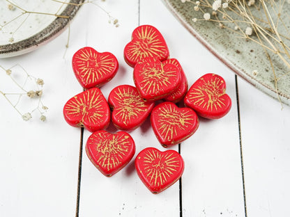 Czech Glass Heart Beads - Gold Washed Red - 14mm - 10pcs - (4739)