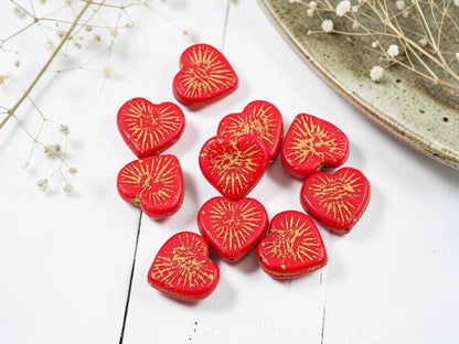 Czech Glass Heart Beads - Gold Washed Red - 14mm - 10pcs - (4739)
