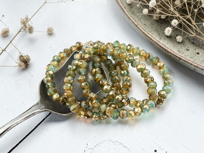 Czech Glass Faceted Fire Polished Rondelle Beads - Gold Washed Aqua A mber - 30pcs - 3x5mm - (1071)