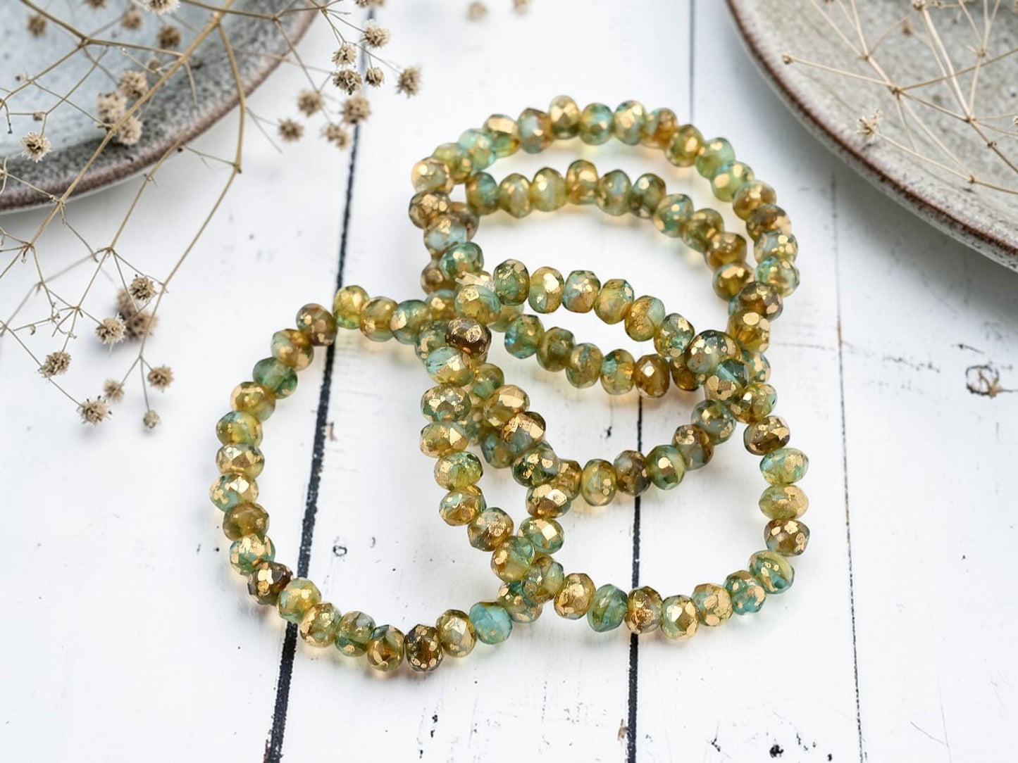 Czech Glass Faceted Fire Polished Rondelle Beads - Gold Washed Aqua A mber - 30pcs - 3x5mm - (1071)
