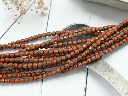 Czech Glass Faceted Fire Polished Round Beads - Opaque Orange Travertine - 4mm - 50pcs - (3999)