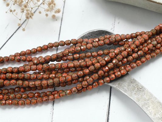 Czech Glass Faceted Fire Polished Round Beads - Opaque Orange Travertine - 4mm - 50pcs - (3999)