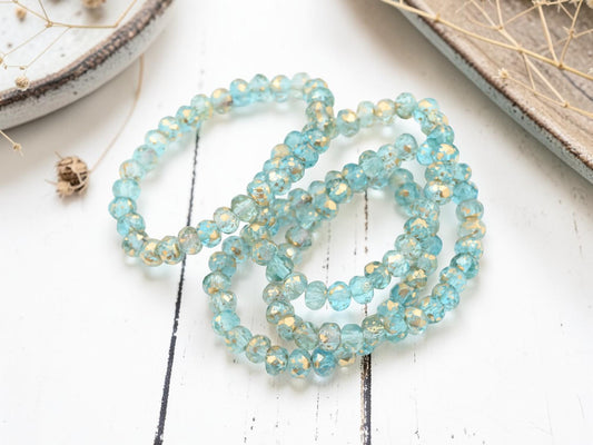 Czech Glass Faceted Fire Polished Rondelle Beads - Gold Washed Aqua Crystal - 30pcs - 3x5mm - (1291)