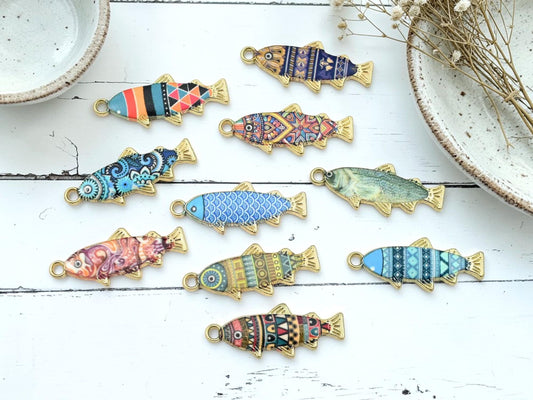 Fish Charms - Gold Charms - Metal Charms - Enamel Charms - 10pcs - 27x11mm - 10pcs mix (4896)