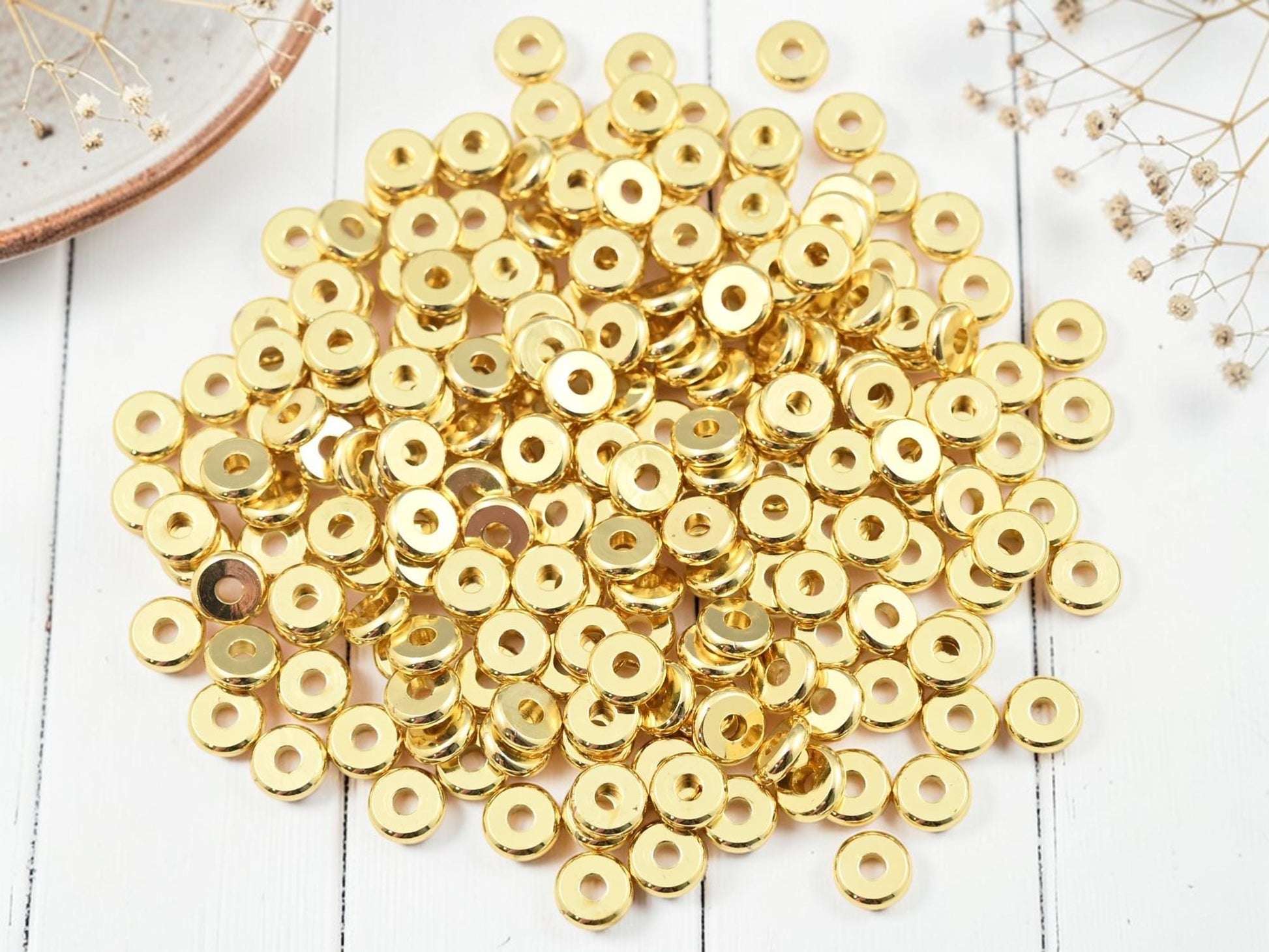 18k Gold Spacer Beads - Gold Heishi Beads - Metal Spacers - Metal Beads - Spacer Beads - 6mm - 50pcs - (1929)