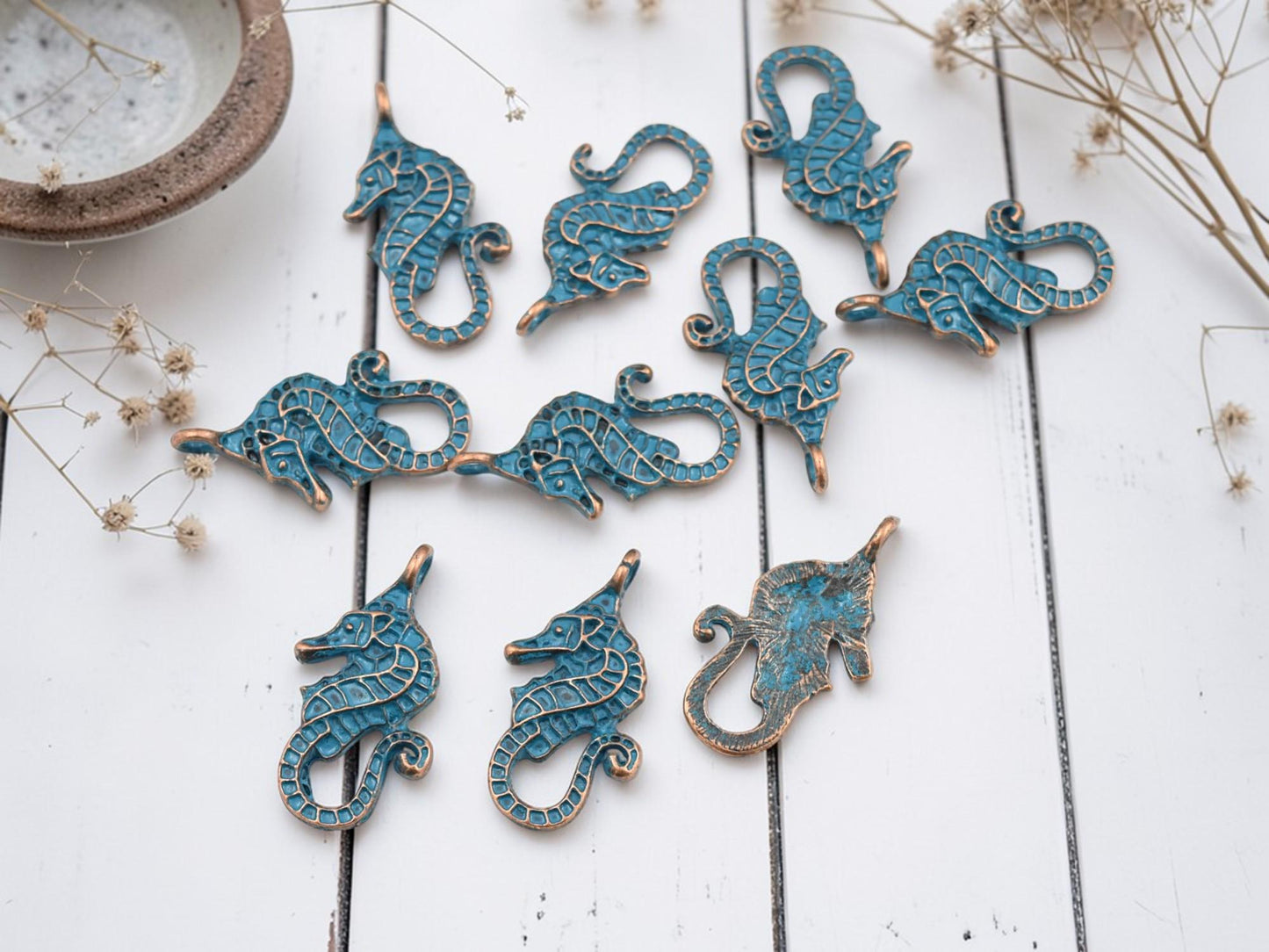 Copper Patina Metal Mermaid Bead Charms - 28x16mm - 10pcs - (4415)