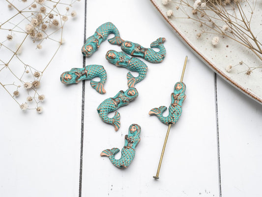 Copper Patina Metal Mermaid Bead Charms - 17x12mm - 10pcs - (B693)