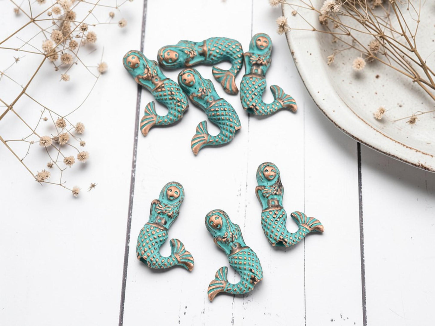 Copper Patina Metal Mermaid Bead Charms - 17x12mm - 10pcs - (B693)