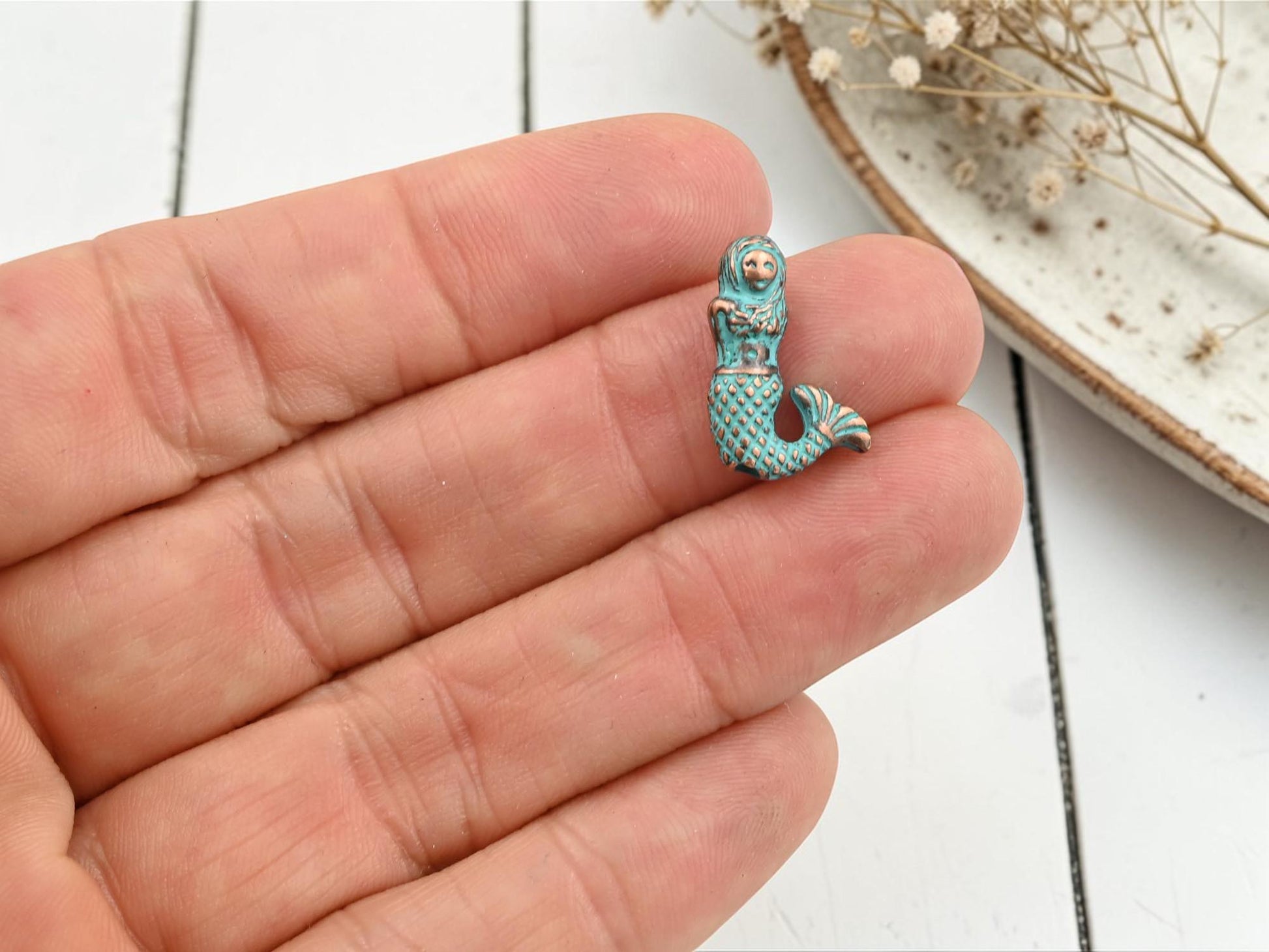 Copper Patina Metal Mermaid Bead Charms - 17x12mm - 10pcs - (B693)