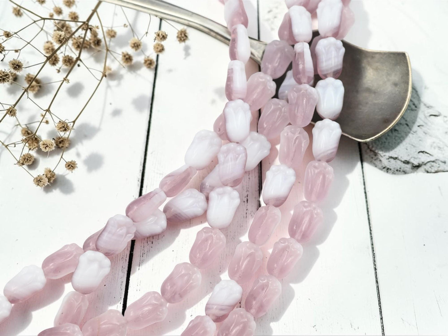 Czech Glass Tulip Flower Beads - Amethyst Purple + White - 12x8mm - 19pcs - (3920)