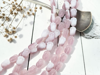 Czech Glass Tulip Flower Beads - Amethyst Purple + White - 12x8mm - 19pcs - (3920)