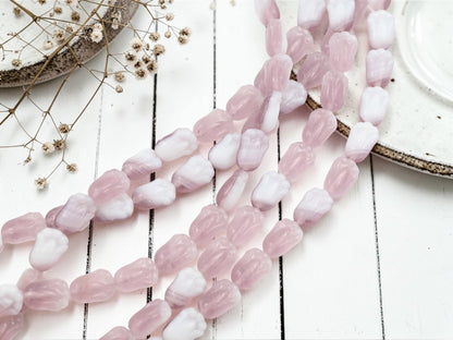Czech Glass Tulip Flower Beads - Amethyst Purple + White - 12x8mm - 19pcs - (3920)