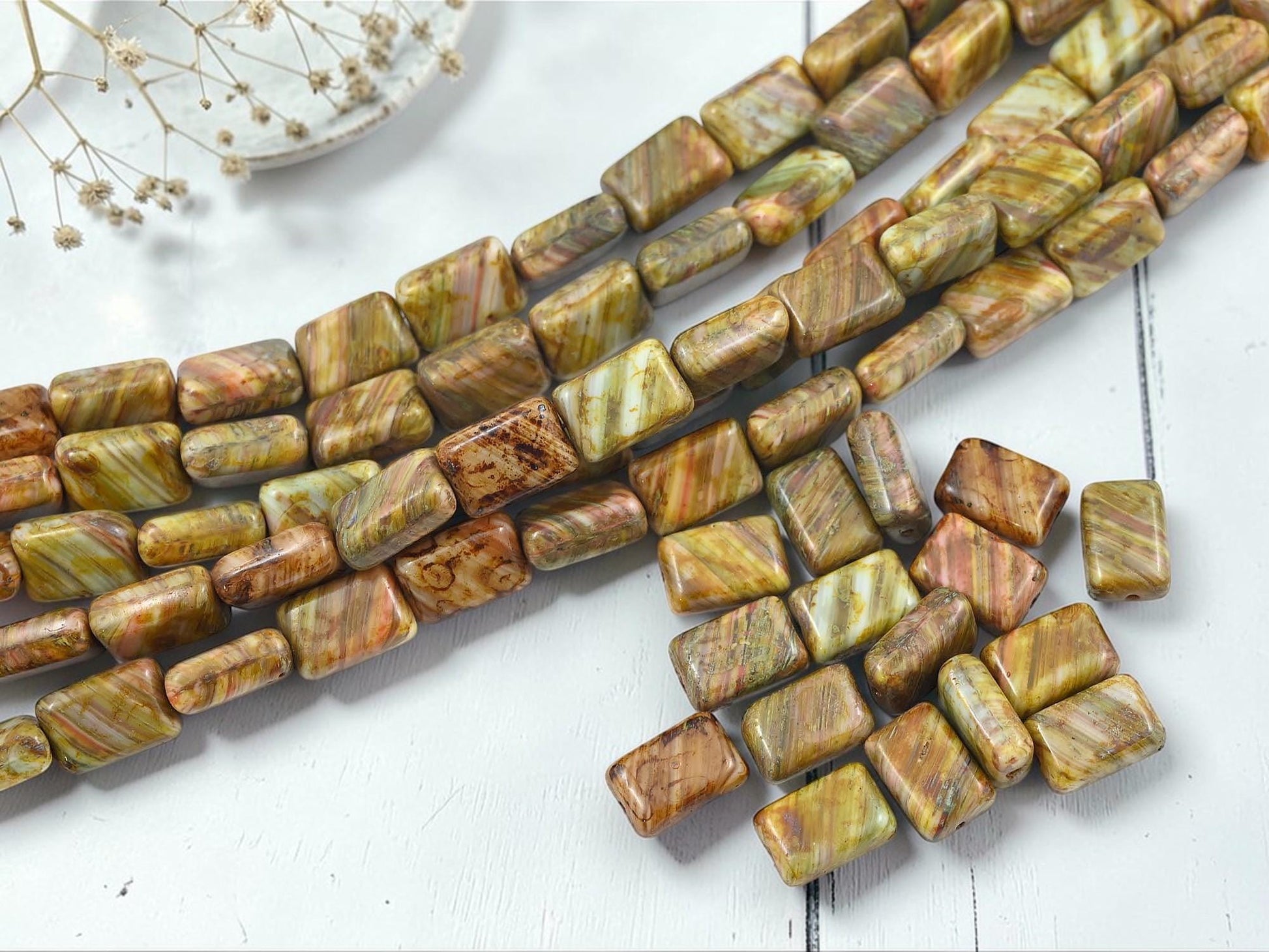 Old Stock Czech Glass Earthy Picasso Rectangle Beads - 12x8mm - 16pcs - (5162)