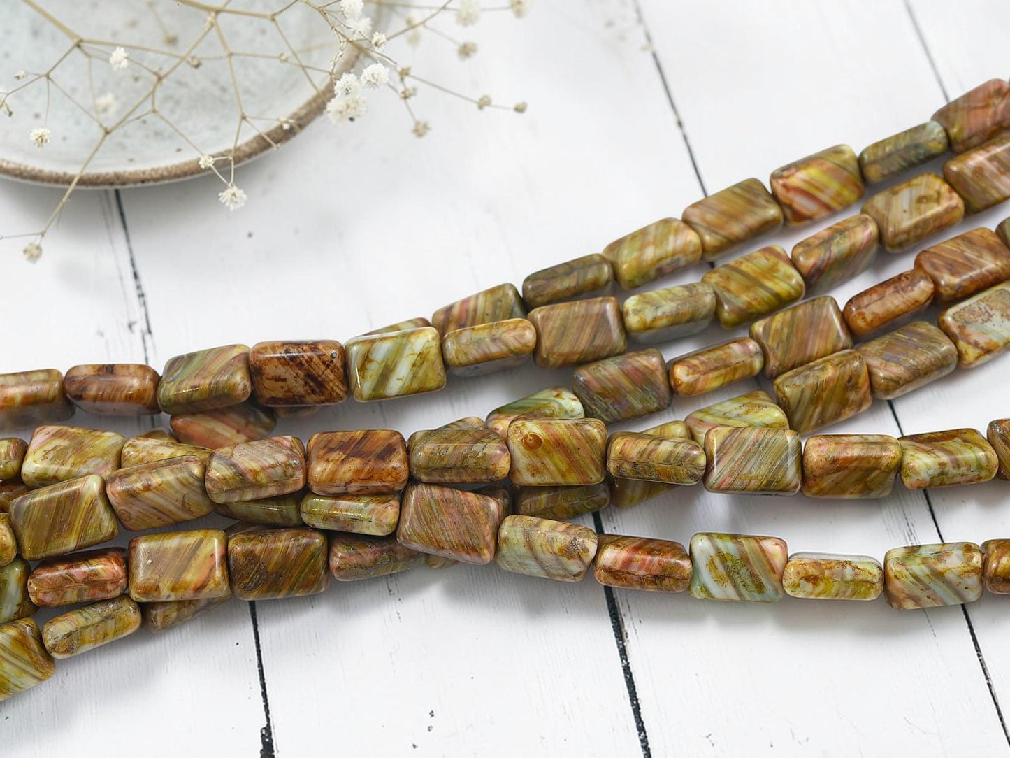 Old Stock Czech Glass Earthy Picasso Rectangle Beads - 12x8mm - 16pcs - (5162)