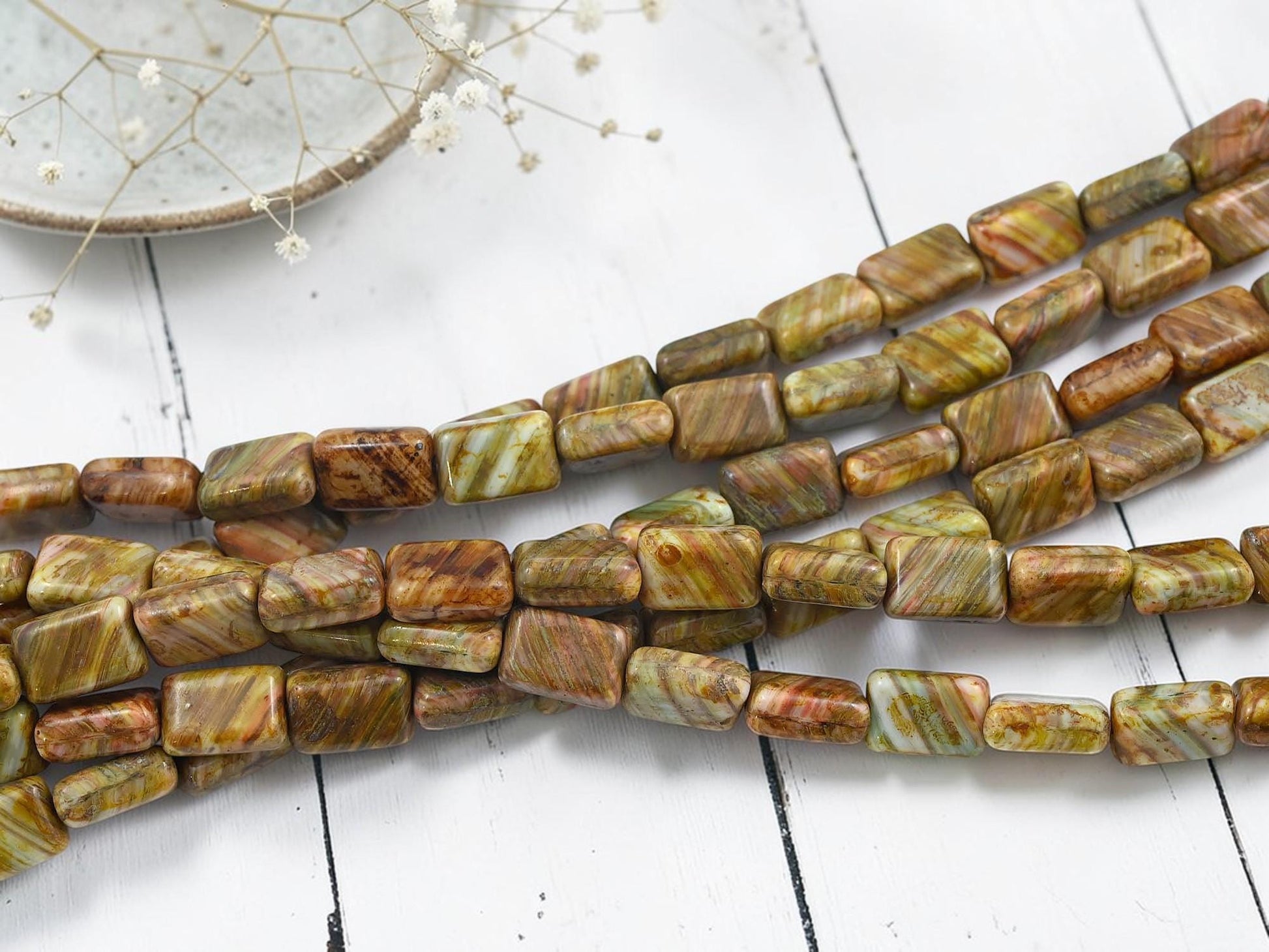 Old Stock Czech Glass Earthy Picasso Rectangle Beads - 12x8mm - 16pcs - (5162)