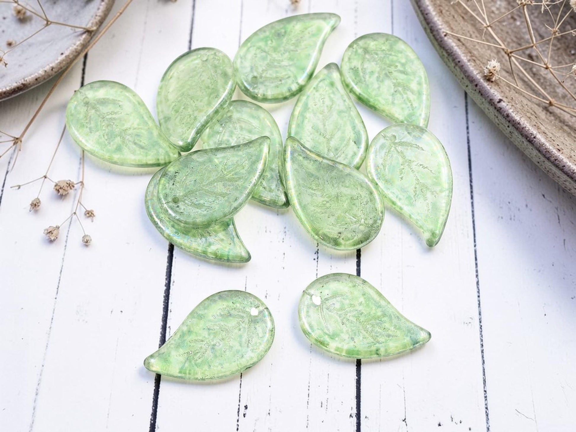 Old Stock Czech Glass Top Hole Leaf Beads - Sage Green Luster - 12pcs - 25x16mm - (1105)