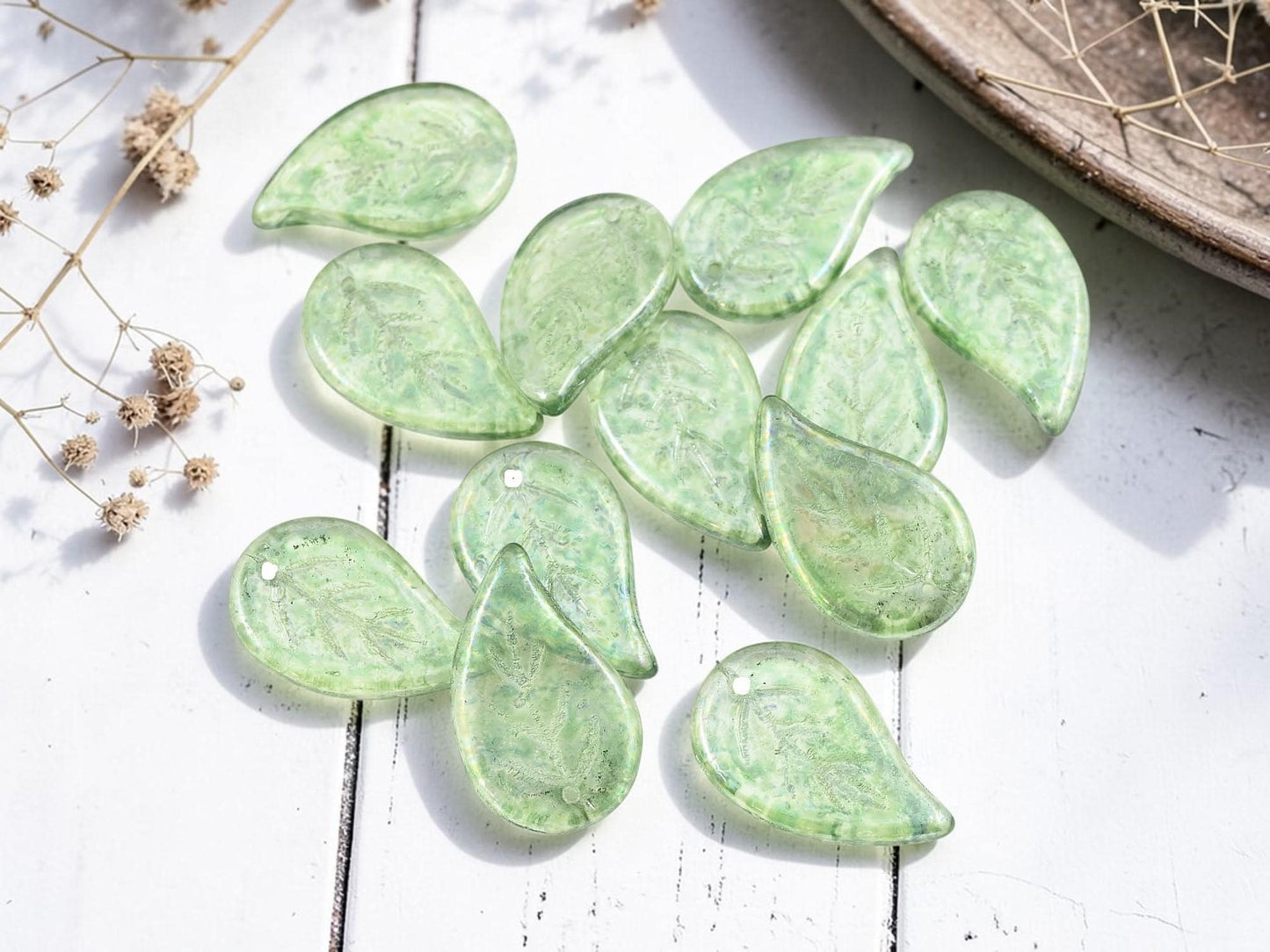 Old Stock Czech Glass Top Hole Leaf Beads - Sage Green Luster - 12pcs - 25x16mm - (1105)