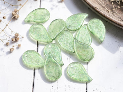 Old Stock Czech Glass Top Hole Leaf Beads - Sage Green Luster - 12pcs - 25x16mm - (1105)