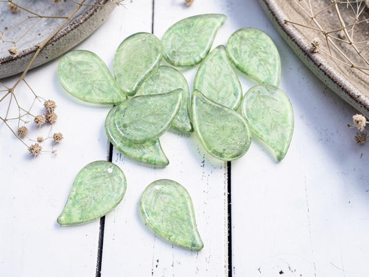 Old Stock Czech Glass Top Hole Leaf Beads - Sage Green Luster - 12pcs - 25x16mm - (1105)