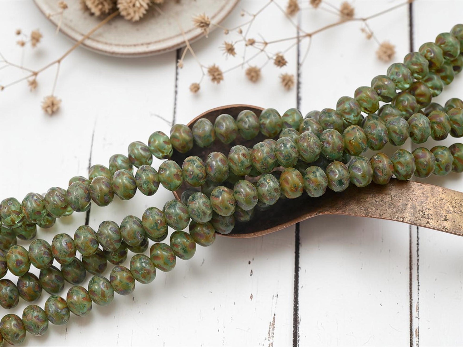 Old Stock Czech Glass Twisted Rondelle Spacer Beads - Aqua Travertine - 6x8mm - 8" Strand - (B43)