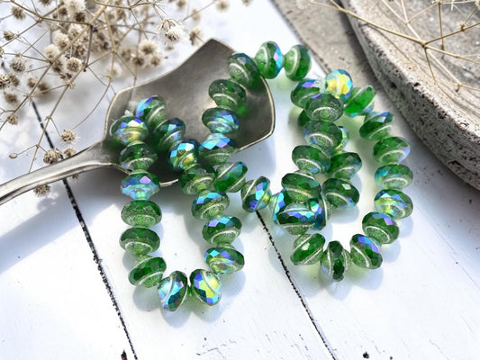 Czech Glass Saturn Beads - Emerald Green AB - 6x8mm - 15pcs - (6076)