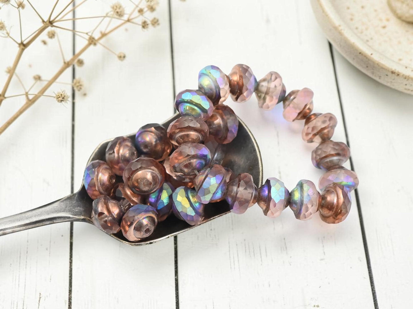 Czech Glass Saturn Beads - Copper AB Washed Pale Pink - 6x8mm - 15pcs - (1482)