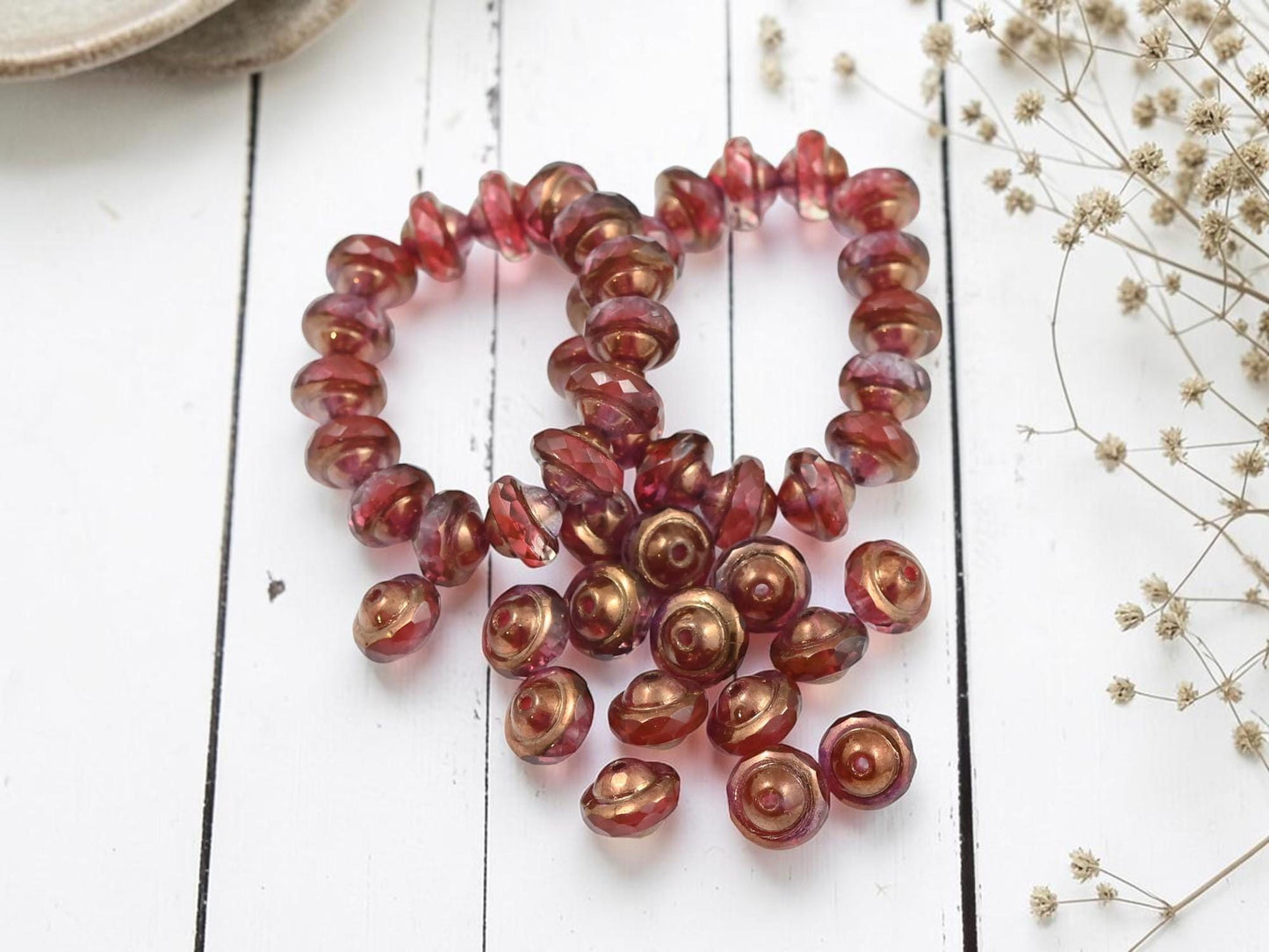 Czech Glass Saturn Beads - Bronzed Crimson Jonquil - 6x8mm - 15pcs - (817)