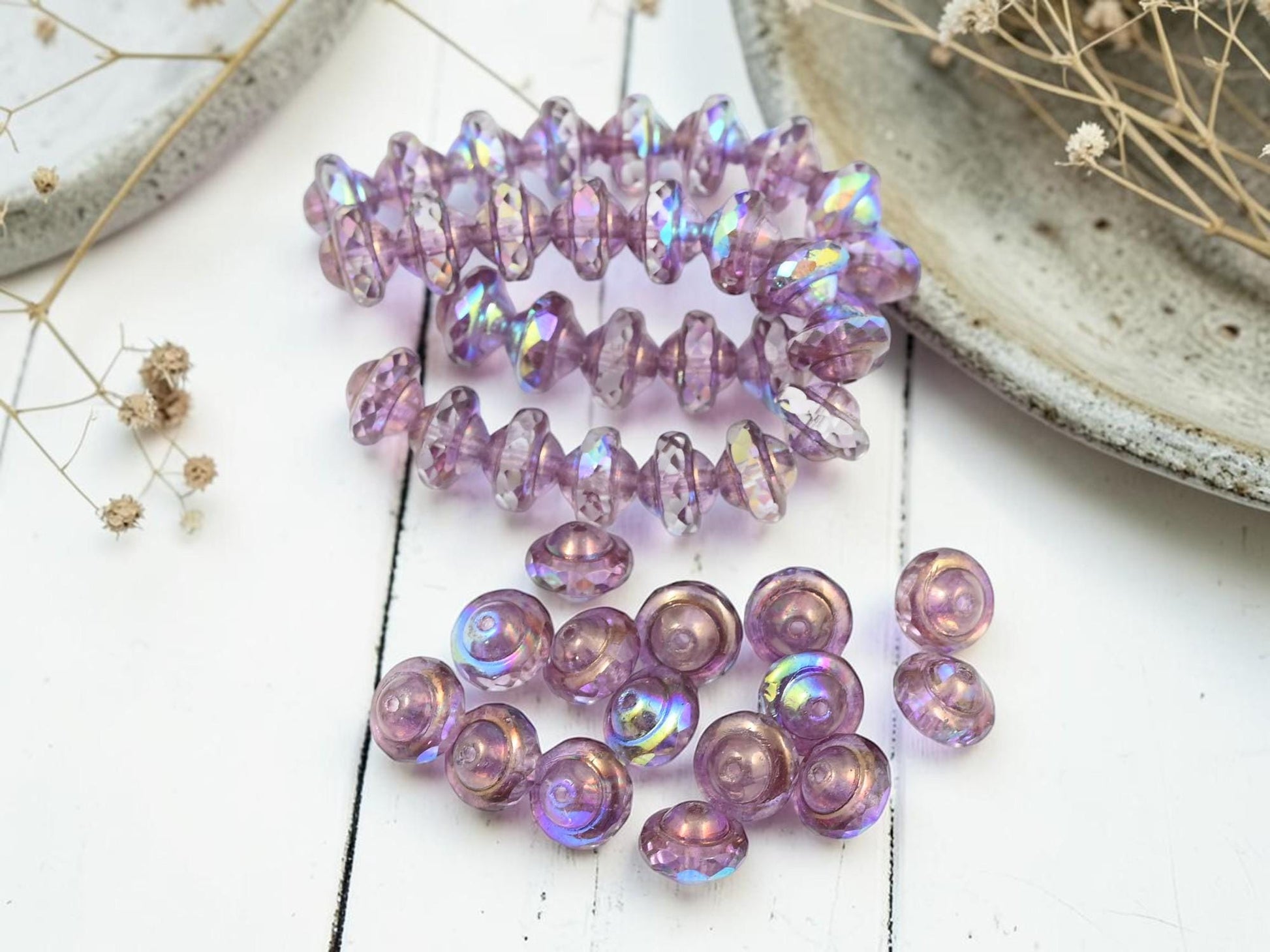 Czech Glass Saturn Beads - Purple Washed Crystal AB - 6x8mm - 15pcs - (986)