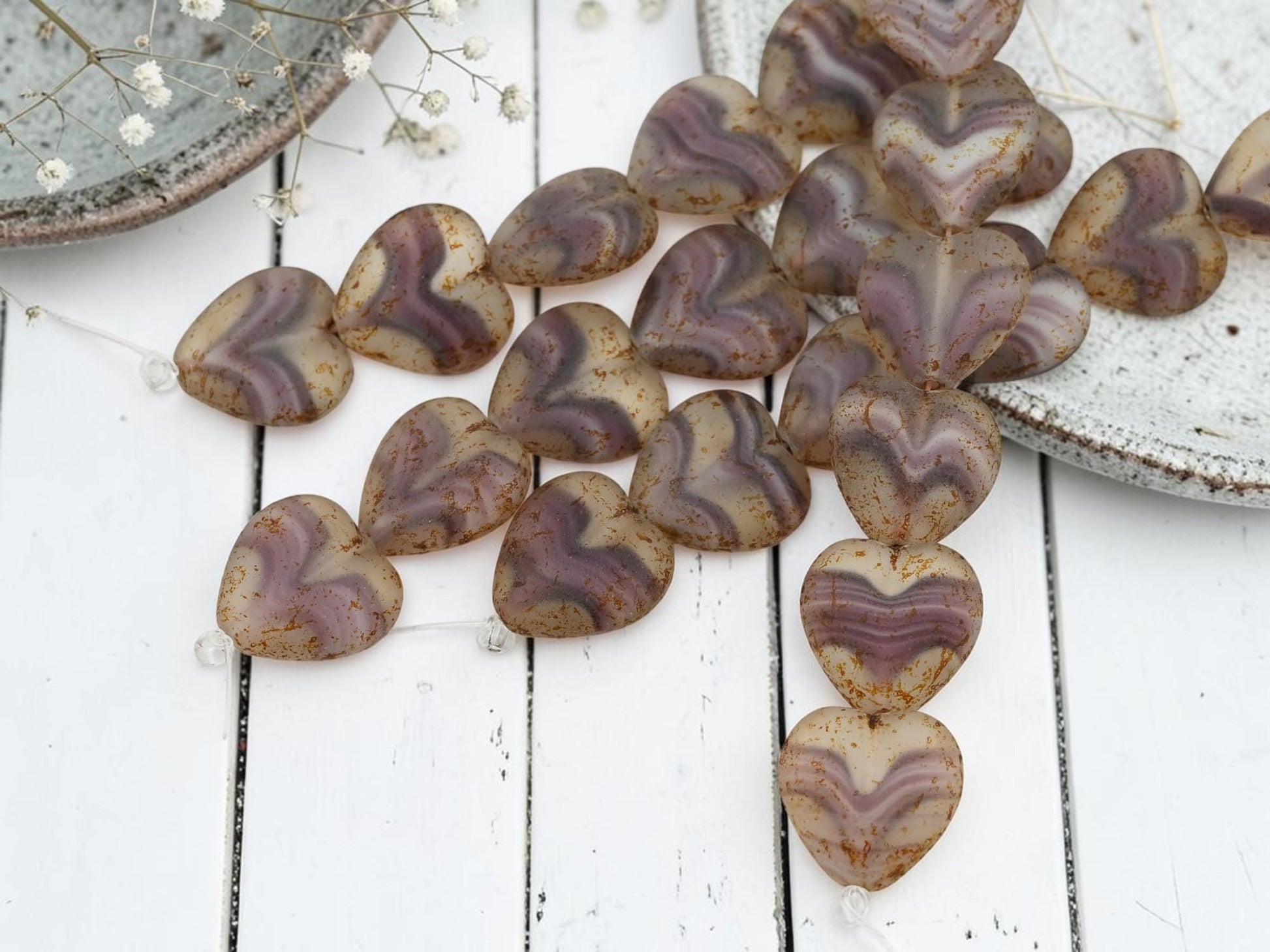 Picasso Beads - Heart Beads - Czech Glass Beads - Valentines Beads - 15mm - 6pcs - (1521)