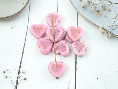 Czech Glass Heart Beads - Pink Sliperit - 14mm - 10pcs - (4296)