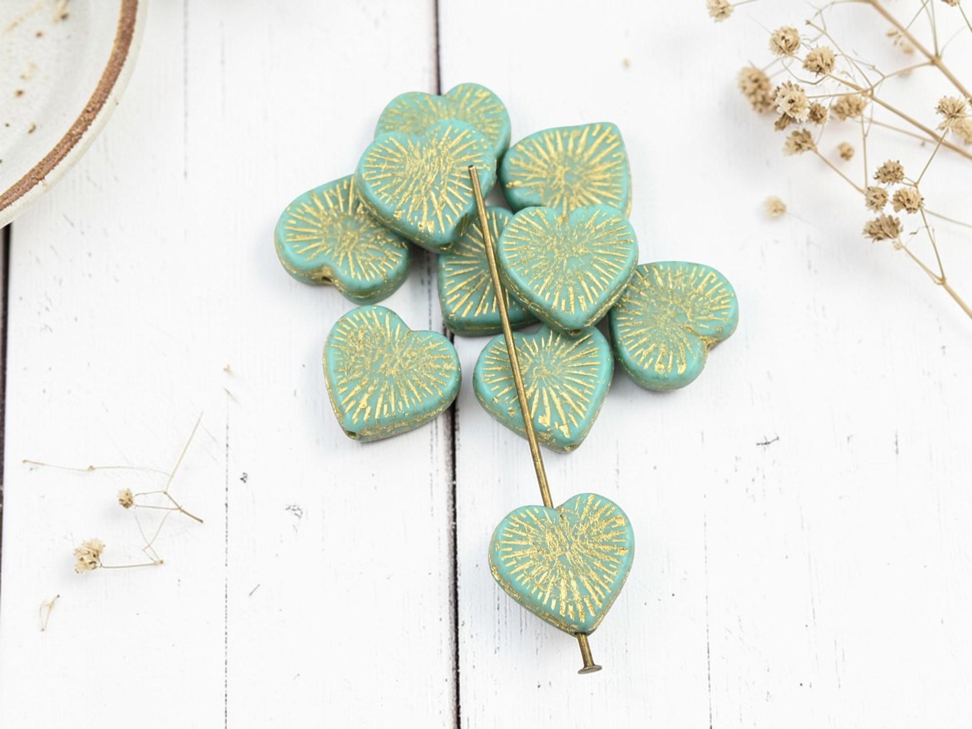 Czech Glass Heart Beads - Gold Washed Turquoise - 14mm - 10pcs - (3137)