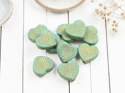 Czech Glass Heart Beads - Gold Washed Turquoise - 14mm - 10pcs - (3137)