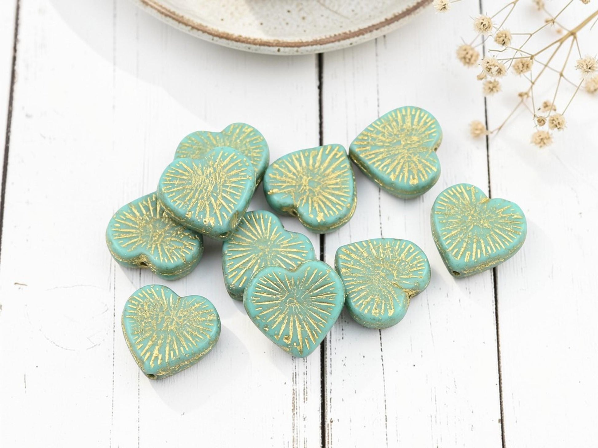 Czech Glass Heart Beads - Gold Washed Turquoise - 14mm - 10pcs - (3137)