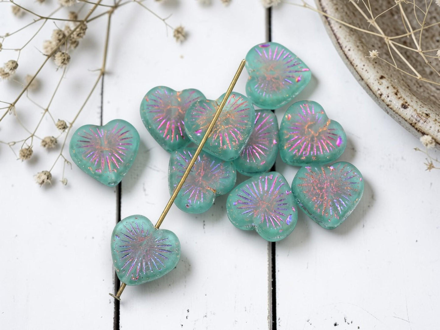 Czech Glass Heart Beads - Metallic Volcano Washed Matte Aqua - 14mm - 10pcs - (5647)