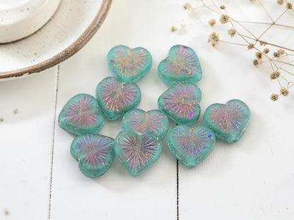 Czech Glass Heart Beads - Metallic Volcano Washed Matte Aqua - 14mm - 10pcs - (5647)