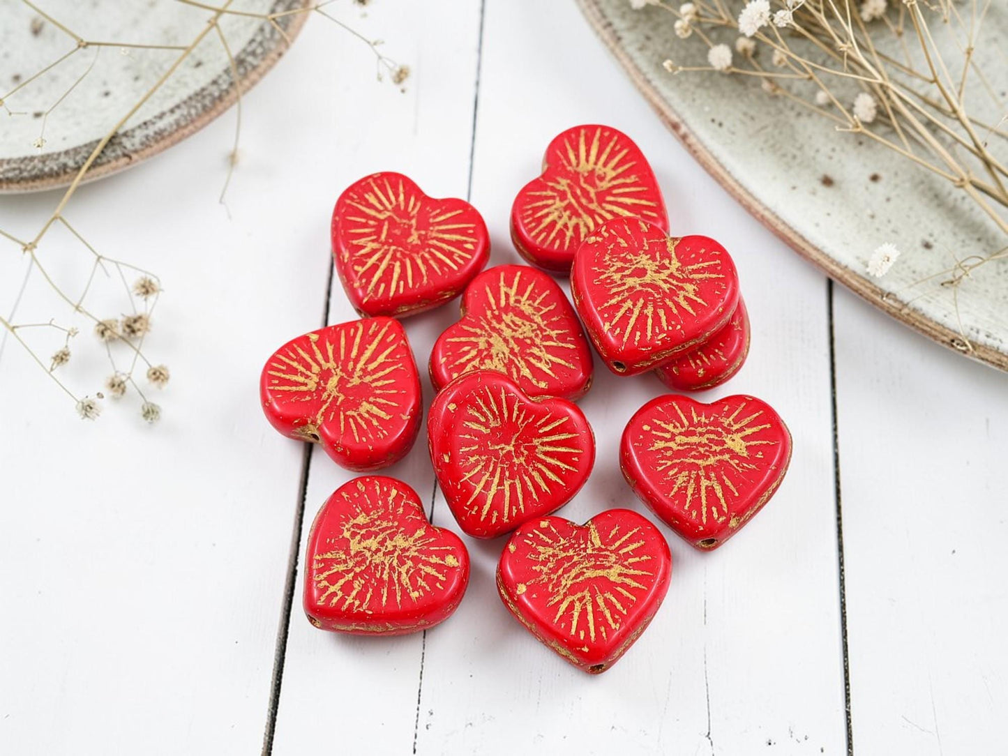 Czech Glass Heart Beads - Gold Washed Red - 14mm - 10pcs - (4739)