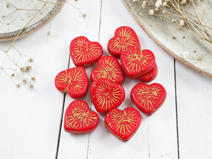 Czech Glass Heart Beads - Gold Washed Red - 14mm - 10pcs - (4739)