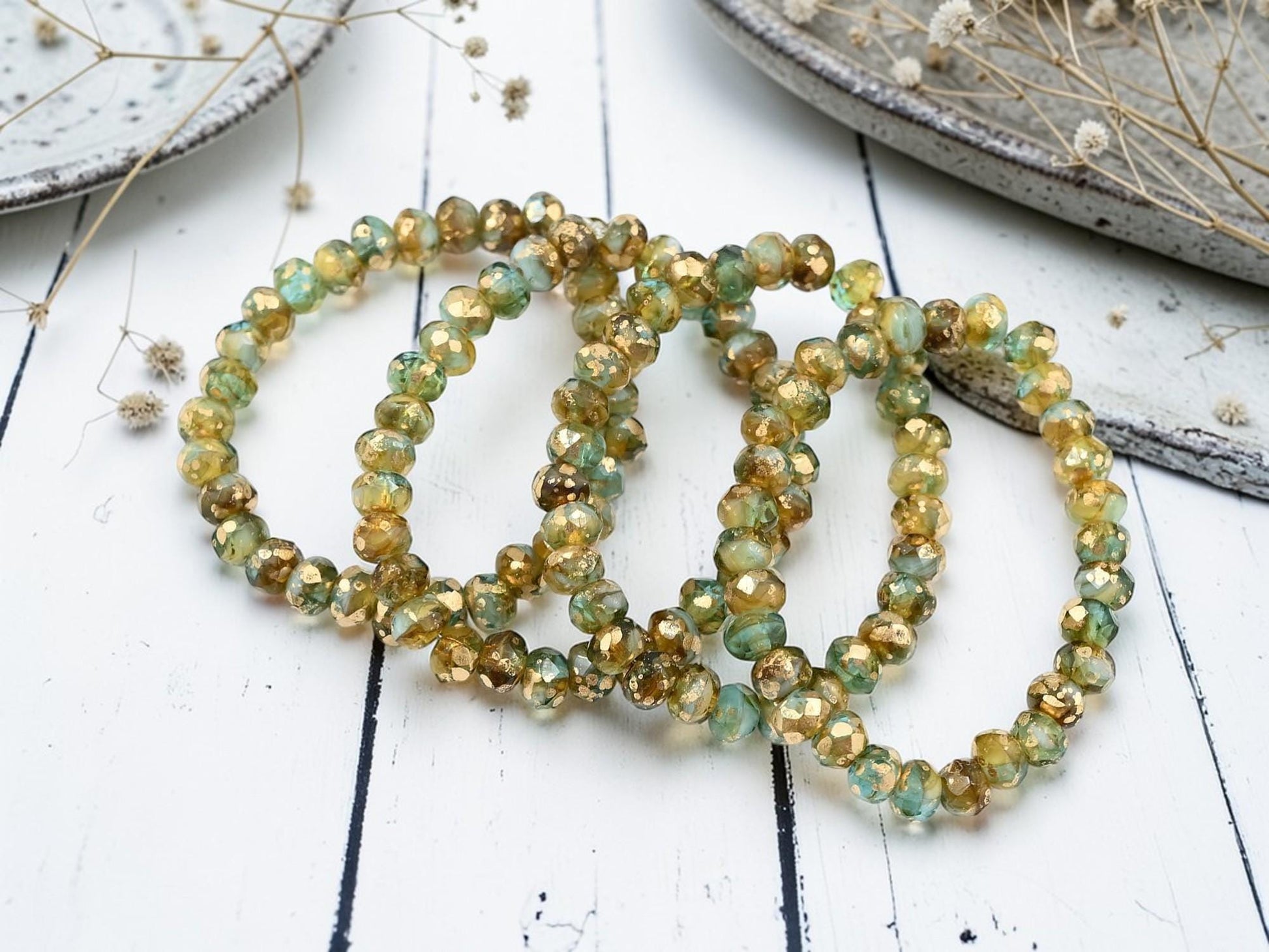 Czech Glass Faceted Fire Polished Rondelle Beads - Gold Washed Aqua A mber - 30pcs - 3x5mm - (1071)
