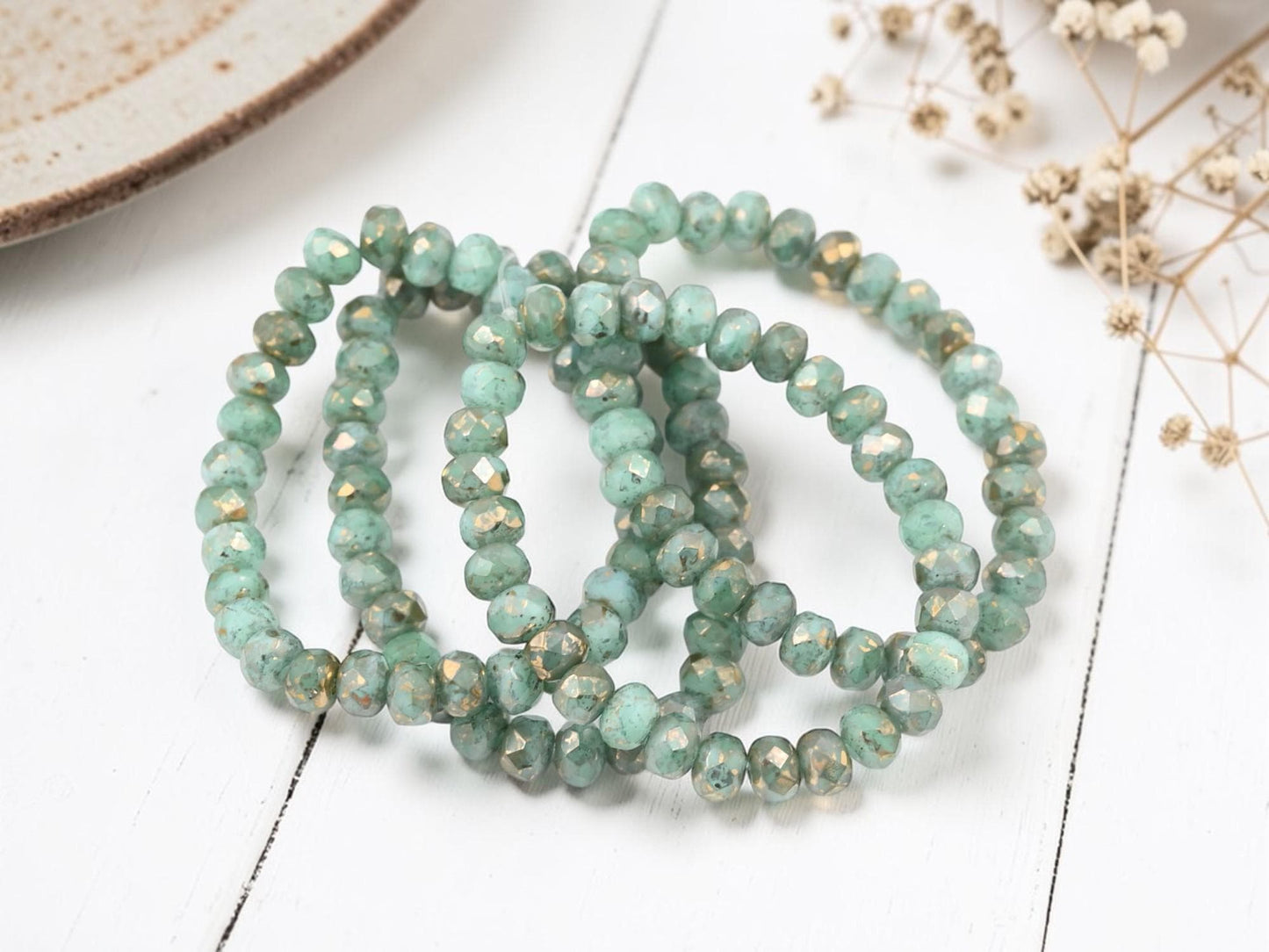 Czech Glass Faceted Fire Polished Rondelle Beads - Gold Washed Aqua Opaline - 30pcs - 3x5mm - (4257)