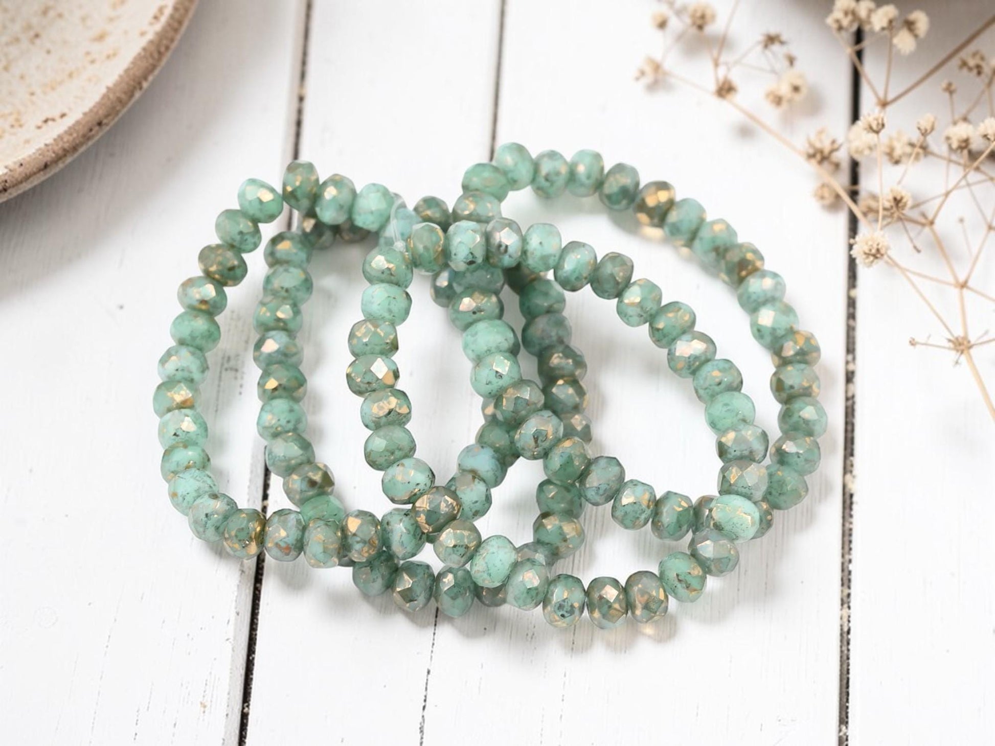 Czech Glass Faceted Fire Polished Rondelle Beads - Gold Washed Aqua Opaline - 30pcs - 3x5mm - (4257)