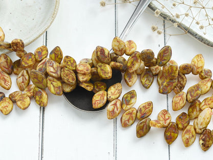Czech Glass Old Stock Picasso Leaf Beads - Yellow Beige Travertine - 12x8mm - 40pcs - (884)