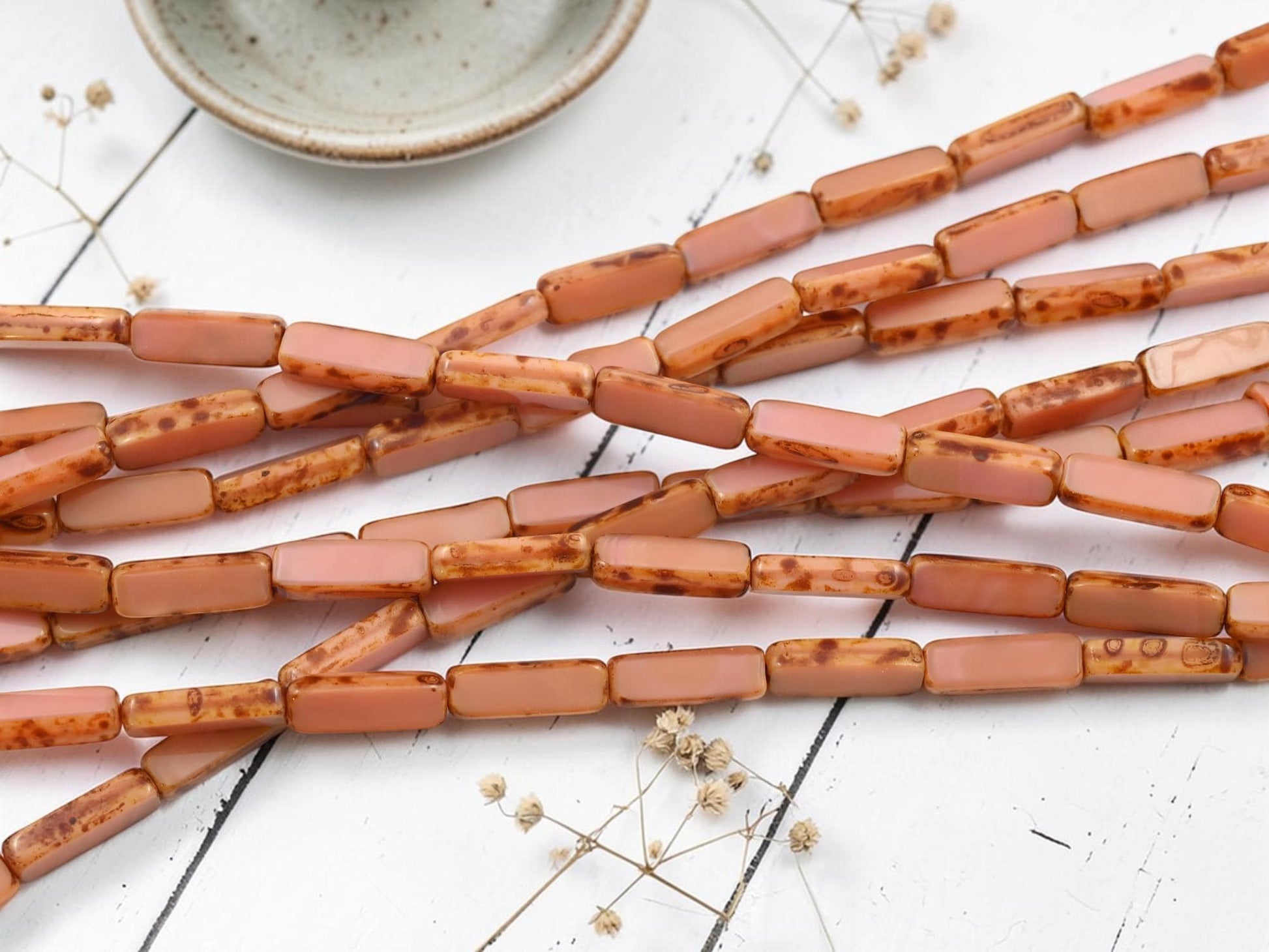 Old Stock Czech Picasso Glass Beads - Table Cut Rectangle Tube - 14x5mm - 13pcs (4276)